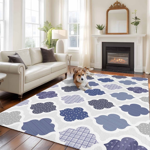 Abstract Grid Large Area Rugs 5x8 ft Boho Blue Purple Grey Geometric Medieval Plaid Washable Rug Non Slip Indoor Carpet Absorbent Floor Mat for Living Room Bedroom Dining Room