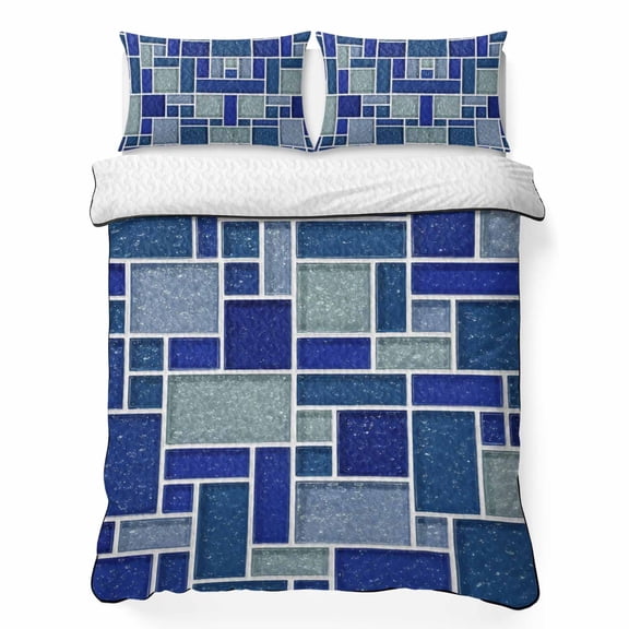 Abstract Grid Queen Quilt Bedding Set, Minimalist Blue Mint Green Rectangular Stone Tiles Lightweight Comforter with 2 Pillow Shams Bedroom Bedspread Set Home Decor for All Seasons
