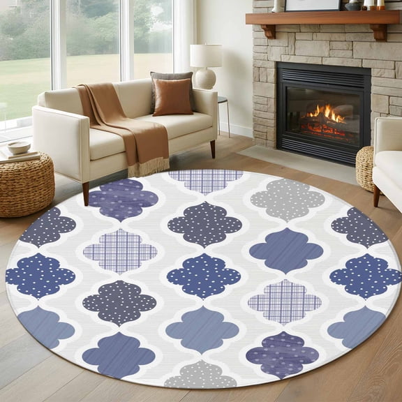 Abstract Grid Round Living Room Rugs 6 ft, Boho Blue Purple Grey Geometric Medieval Plaid Washable Area Rug with Non-Slip Sturdy Edge Binding Round Carpet for Kitchen Office Bedroom