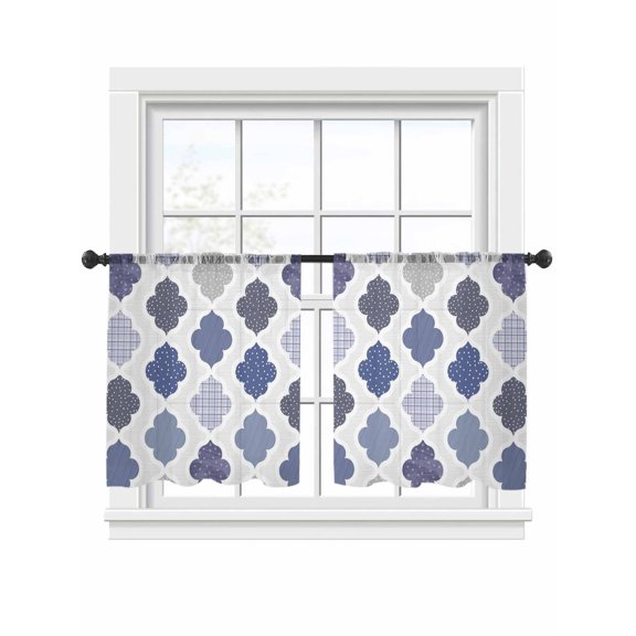 Abstract Grid Sheer Curtains 2 Panels Set Boho Blue Purple Grey Geometric Medieval Plaid Sheer Window Curtains Light Filtering Rod Pocket Voile Drapes for Bedroom Living Room 52"x54"