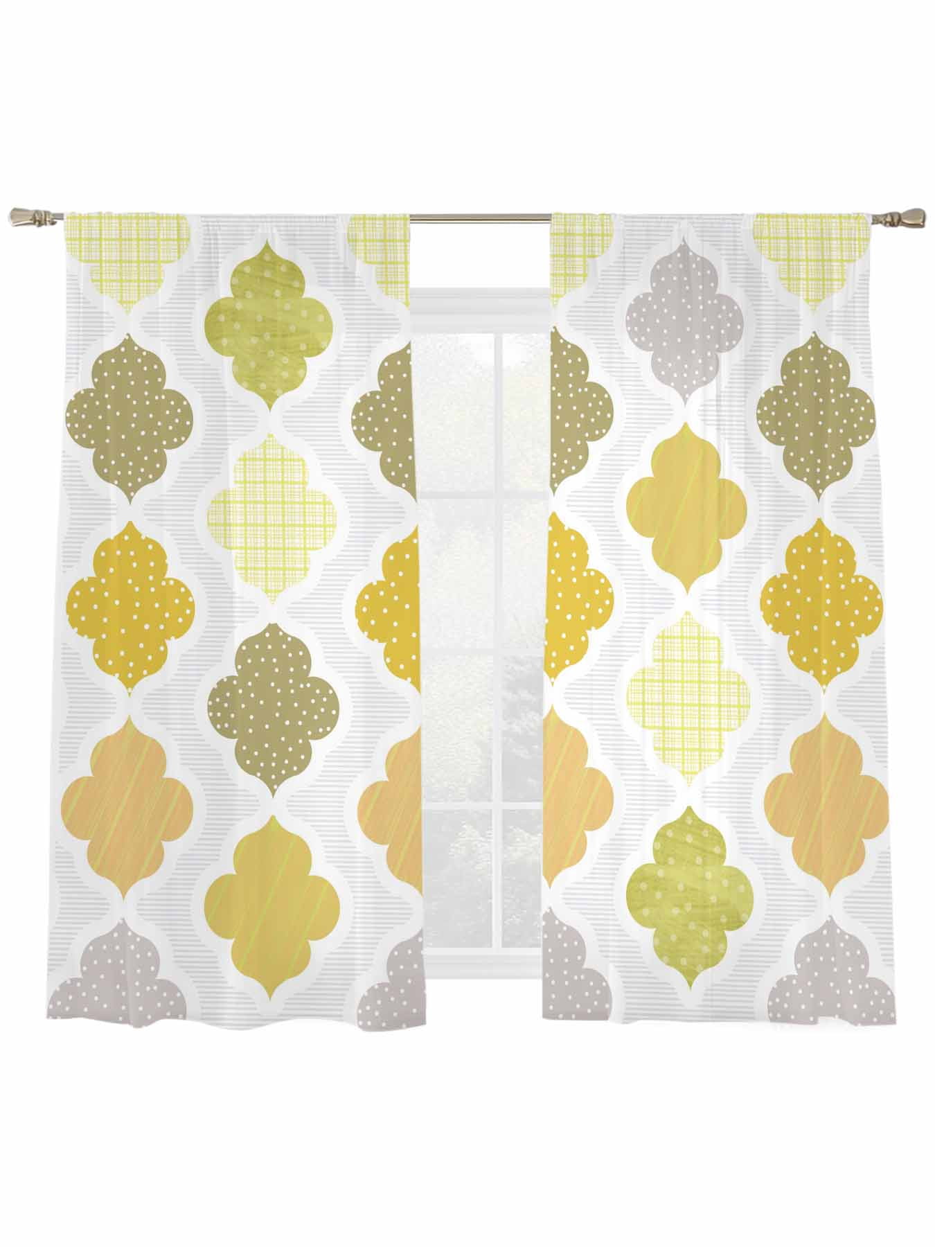 Abstract Grid Sheer Curtains 2 Panels Set Boho Yellow Grey Green ...