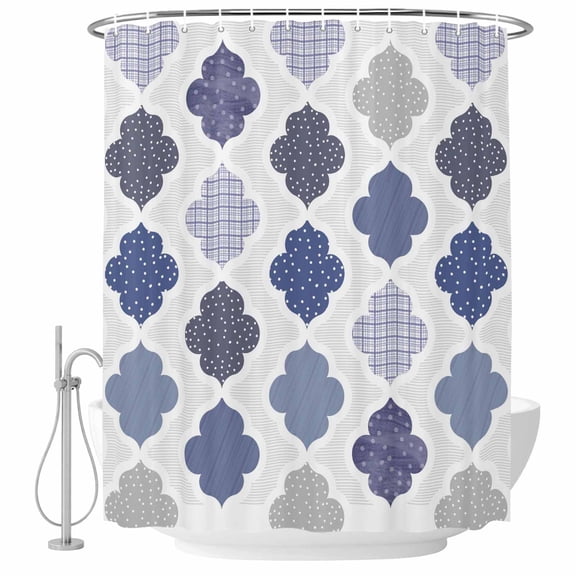 Abstract Grid Shower Curtain for Bathroom, Boho Blue Purple Grey Geometric Medieval Plaid Waterproof Cloth Fabric Bathroom Accessories Set with 12 Rust Proof Plastic Hooks, 72"x72"