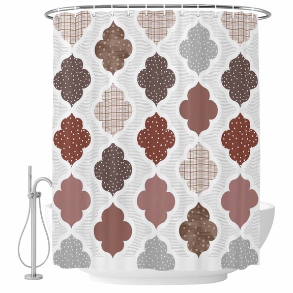 Abstract Grid Shower Curtain Set with Hooks, Boho Red Brown Grey Geometric Medieval Plaid Water Repellent Shower Curtains for Bathroom Decor Sturdy Shower Curtain, Machine Washable 36x78 Inch