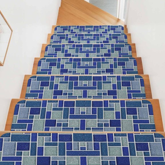 Abstract Grid Stair Treads Non Slip for Steps Minimalist Blue Mint Green Rectangular Stone Tiles 4 Pcs Reusable Adhesive Stair Runner Mats for Dogs Elders Carpet Treads Rugs for Staircase 8x30 In