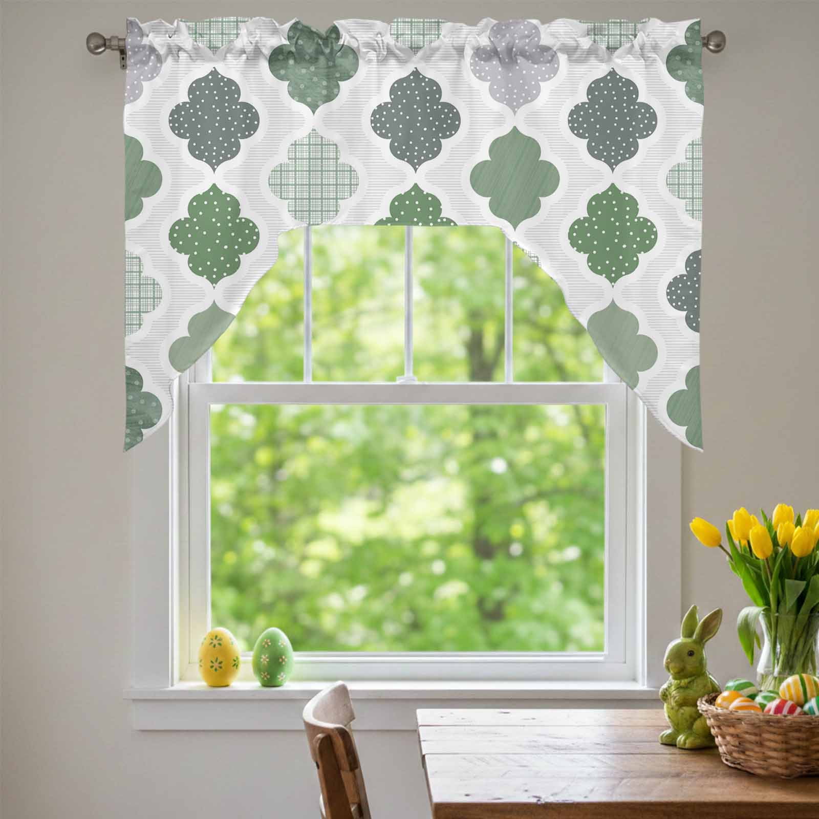 Abstract Grid Swag Valances for Kitchen Window, Boho Green Grey ...