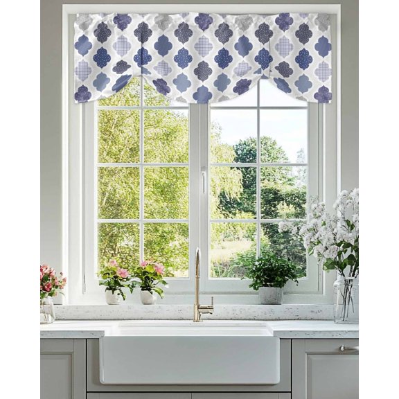 Abstract Grid Tie Up Valances Curtain, Adjustable Kitchen Boho Blue Purple Grey Geometric Medieval Plaid Valances for Windows Decor, Rod Pocket Short Curtains Set for Bedroom/Bathroom, 42"x12"