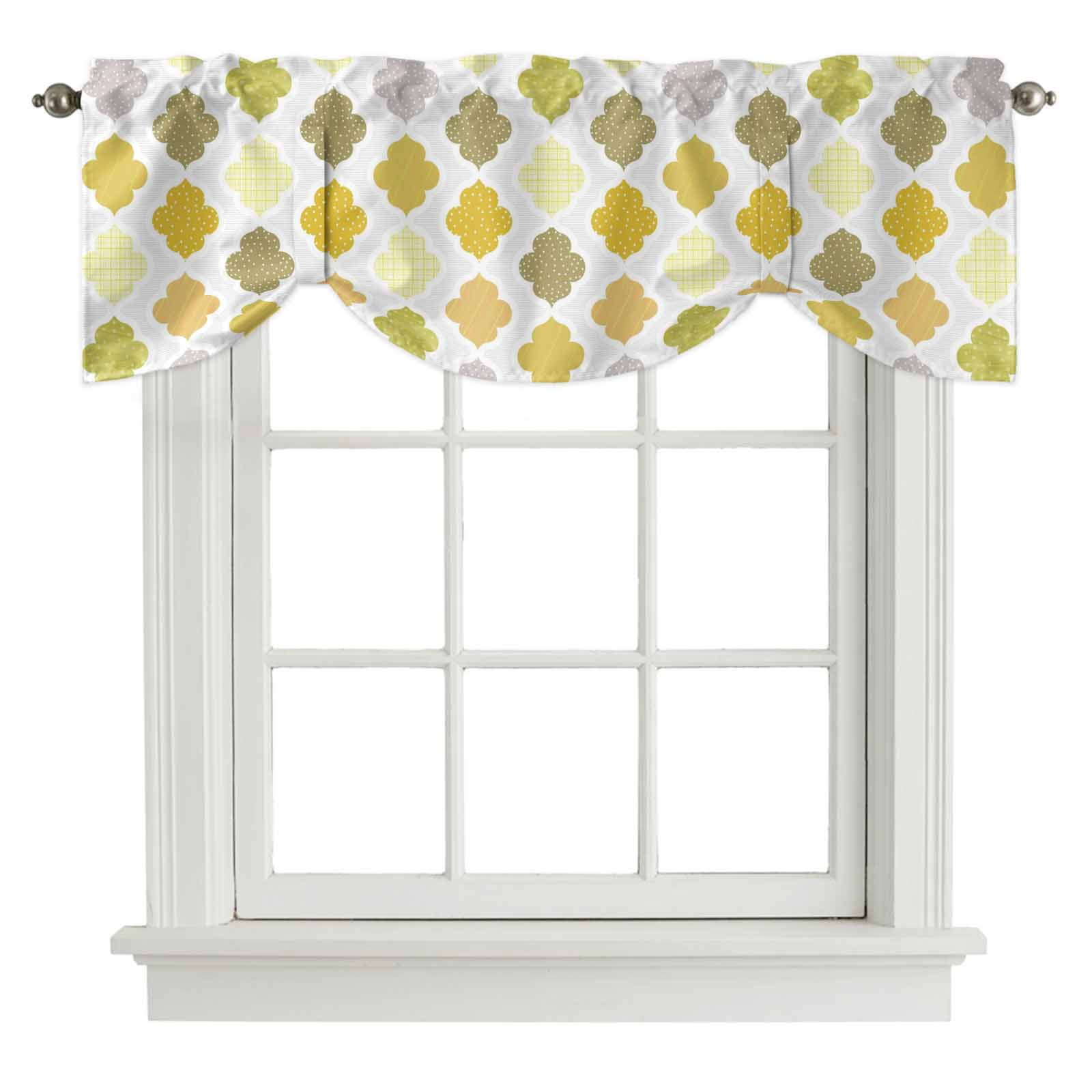 Abstract Grid Tie Up Valances Curtain, Boho Yellow Grey Green Geometric ...