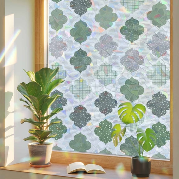 Abstract Grid Window Privacy Film, Boho Green Grey Geometric Medieval Plaid Stained Glass Rainbow Film Decorative Window Clings, Static Cling Sun Blocking Stickers 29.5" x 118"