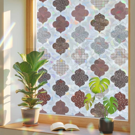 Abstract Grid Window Privacy Film, Boho Red Brown Grey Geometric Medieval Plaid Stained Glass Rainbow Film Decorative Window Clings, Static Cling Sun Blocking Stickers 17.7" x 39.3"