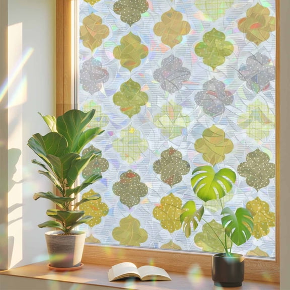Abstract Grid Window Privacy Film, Boho Yellow Grey Green Geometric Medieval Plaid Stained Glass Rainbow Film Decorative Window Clings, Static Cling Sun Blocking Stickers 17.7" x 39.3"