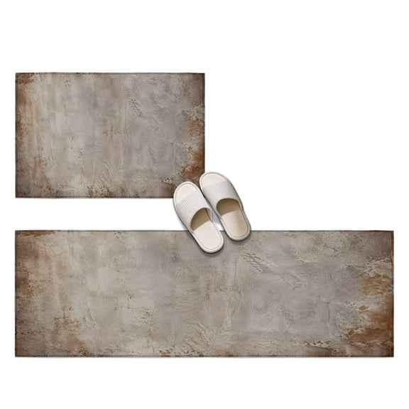 Abstract Grunge 2 Pieces Non-Slip Kitchen Mat Set, Ivory Mottled Border Concrete Texture Industrial Soft Door Mat with Rubber Backing, Dirtproof Rugs for Entrance Doorway, 23.6x35.4in+23.6x70.9in