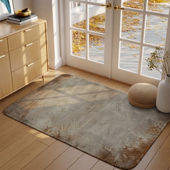Abstract Grunge Front Door Mat Indoor Entrance, Ivory Mottled Border Concrete Texture Industrial Absorbent Dirt Resist Welcome Mats Non-Slip Low-Profile Doormat Washable Entry Rug Indoor 17x30 Inch