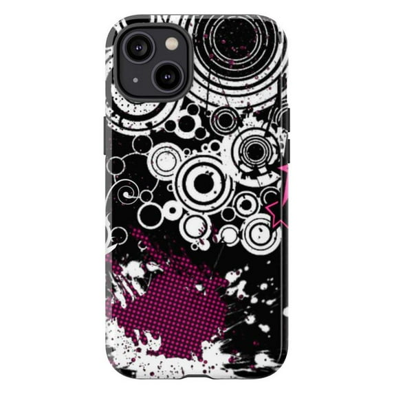 Abstract Grunge Phone Case, Black and Pink Retro Circle Art iPhone Cover, Unique Edgy Protective Case for iPhone 17 16 15 14 13 12 11 Pro Plus Mini