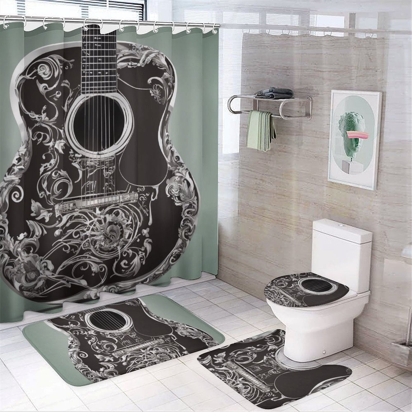 Abstract Guitar Illustration Bathroom Shower Curtain And Rug Sets