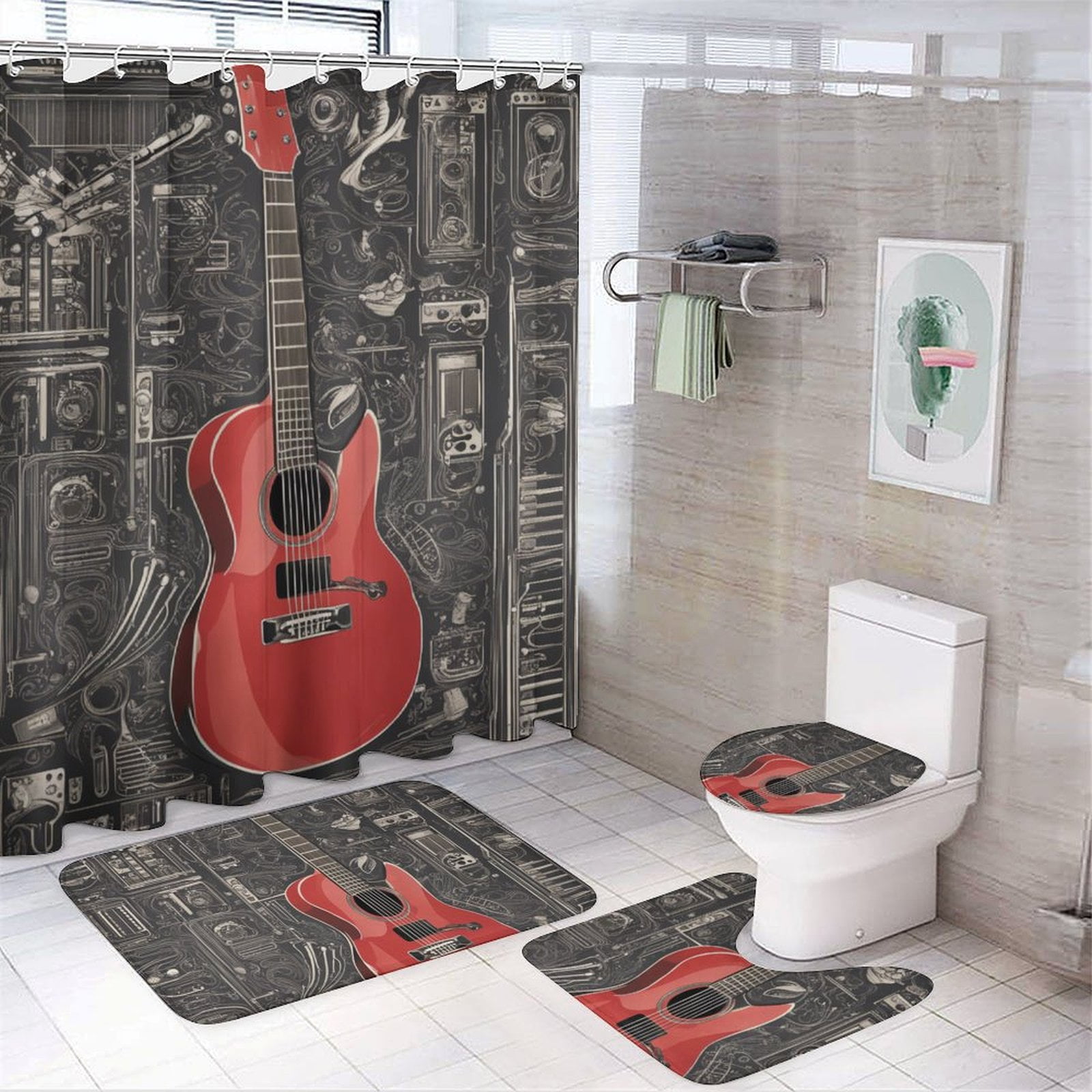 Abstract Guitar Illustration Bathroom Shower Curtain And Rug Sets