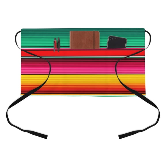 Abstract Half Waist Apron Colorful Mexican Stripe Orange Yellow Farmhouse Short Waiter Aprons with 3 Pockets for Women Men Kitchen Restaurant Cooking