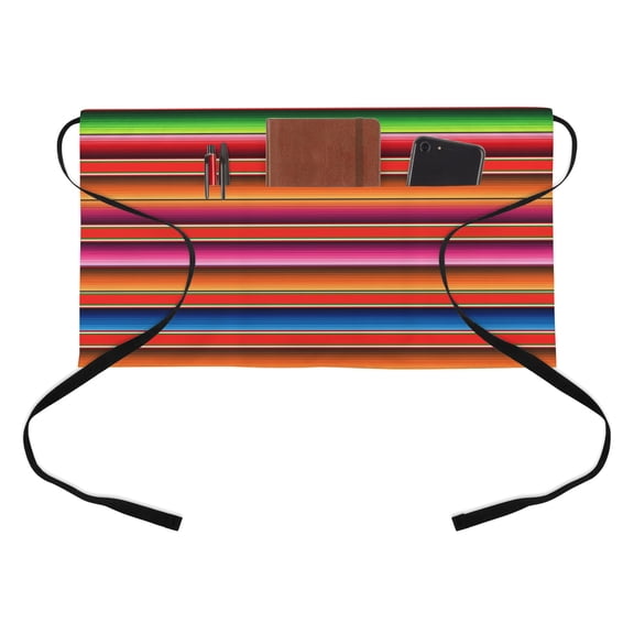 Abstract Half Waist Apron Colorful Mexican Stripe Red Orange Farmhouse Short Waiter Aprons with 3 Pockets for Women Men Kitchen Restaurant Cooking