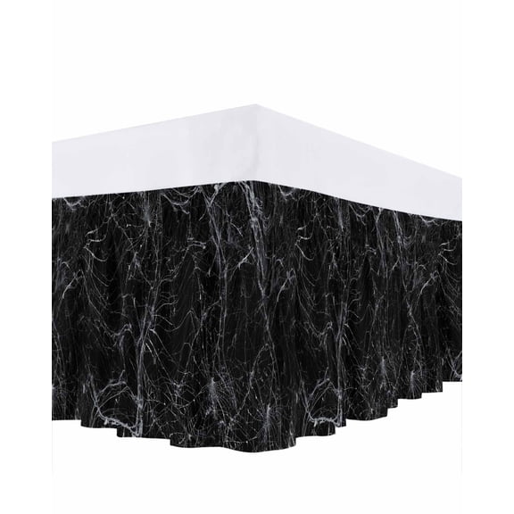 Abstract Halloween Bed Skirt Cowweb Black Bed Skirts Queen Size 16 Inch Drop, Wrap Around Dust Ruffle Bedskirt with Adjustable Elastic Belt for Queen Size Beds