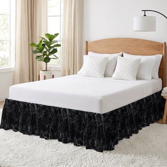 Abstract Halloween Bed Skirt Queen Size 16 Inch Drop, Cowweb Black Adjustable Elastic Dust Ruffles Bedskirt for Queen Bed Wrap Around Pleated Mattress Frame Cover