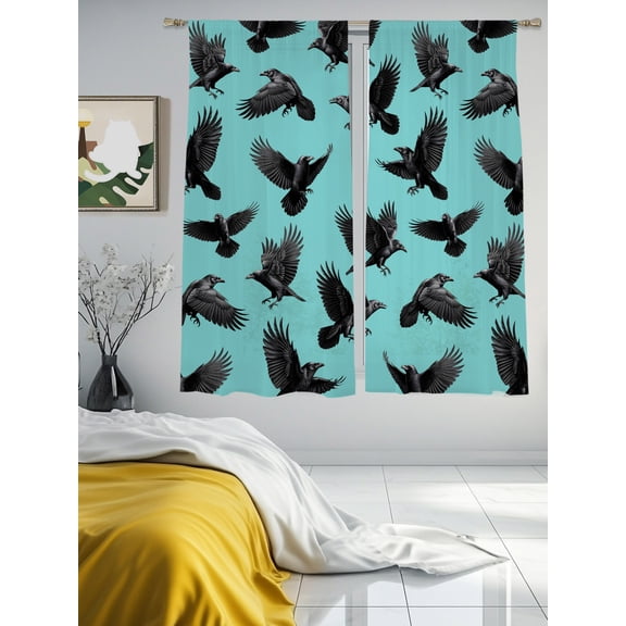 Abstract Halloween Crow Chiffon Sheer Curtains 63 Inches Long Retro Animal on Green Rod Pocket Window Curtains Voile Drapes Curtains for Living Room Bedroom,2 Panels