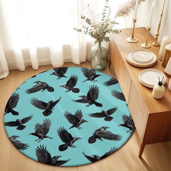 Abstract Halloween Crow Round Area Rug 3ft,Living Room Rug Non-Slip Washable Circle Rugs Pad,Retro Animal on Green Soft Floor Carpet for Bedroom Dining Room
