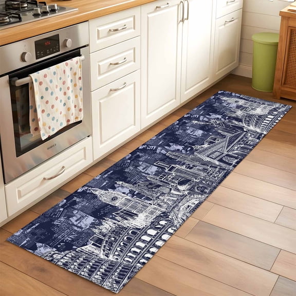 Abstract Hallway Washable Runner Rug 2x6 Navy Blue and White Global Landmarks Collage Art Kitchen Runner Mat with Non Slip Backing Low Pile Thin Floor Carpet for Indoor Bedroom Living Room