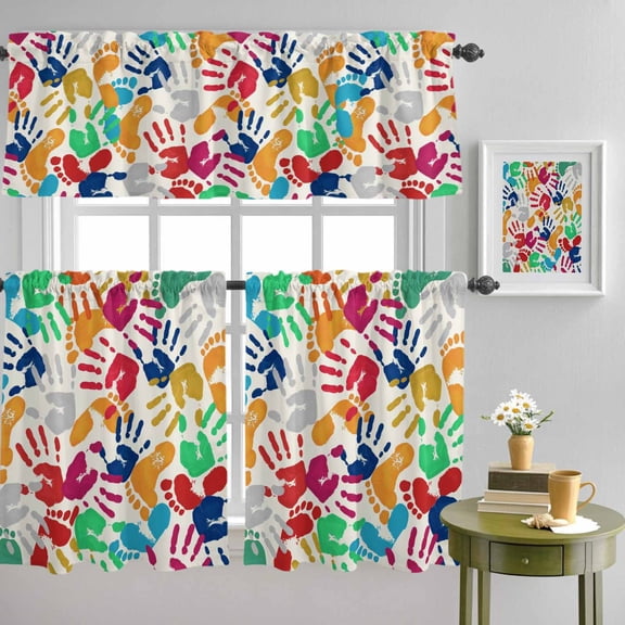 Abstract Hand Foot Prints Curtain Tier and Valance Set 3 Piece, Colorful Texture on Beige 3-inch Rod Pocket Window Tier Curtains Valance for Kitchen Living Room