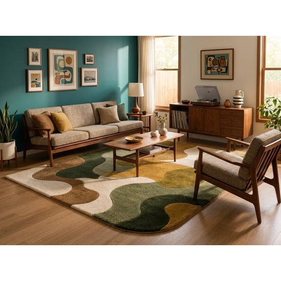 Patterned Wool Runner Rugs Abstract Hand-Tufted Wool Area Rug, Modern Wave Pattern, Contemporary ...