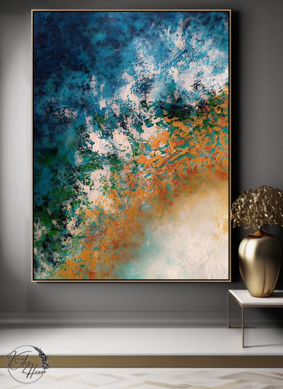 Abstract Handmade Painting with Bold Blue, Orange, White, and Green ...