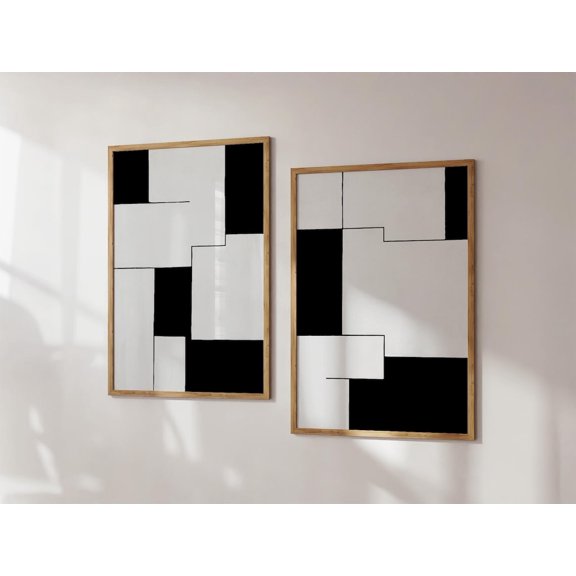 Abstract Hard-Edge Geometric s Modern Minimalist Art Black White Diptych Set 2 Stretched Canvas 8x12