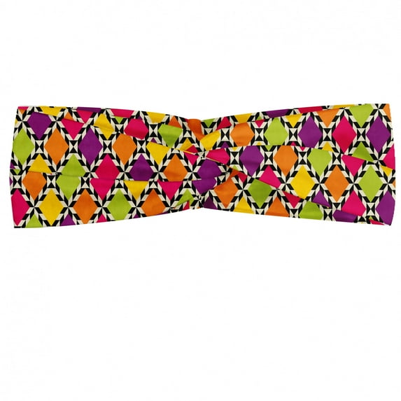 Abstract Headband, Funky Modern Colorful Diamond Shapes with Bicolor Stripes Retro Style Pattern, Elastic and Soft Women's Bandana for Sports and Everyday Use, Grey Red Coconut, by Ambesonne