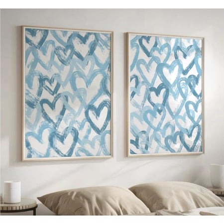 Abstract Hearts Blue Preppy Aesthetic Wall Art Trendy Hearts Dorm Decor Light Navy Blue, Set 2, Poster Only