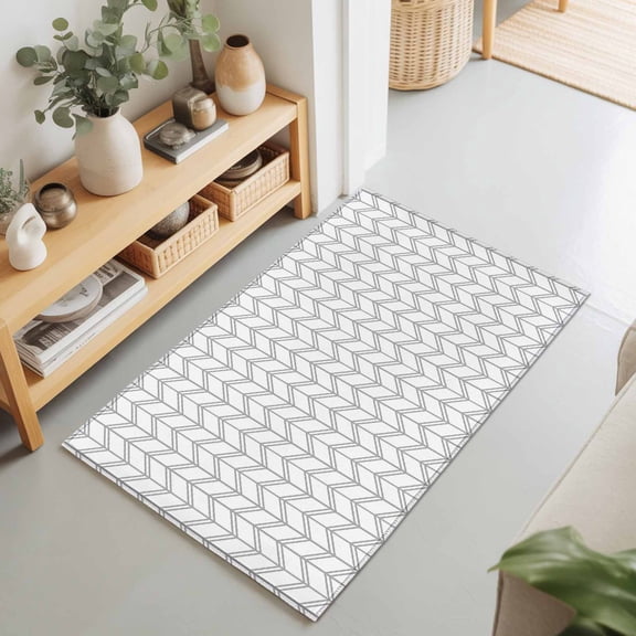 Abstract Herringbone Pattern Rectangle Area Rug 2x3ft,Living Room Rug Non-Slip Washable Circle Rugs Pad,Modern Gray White Zigzag Soft Floor Carpet for Bedroom Dining Room