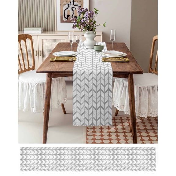 Abstract Herringbone Pattern Table Runner 13x36in Non-Slip Cotton Linen Table Runners, Modern Gray White Zigzag Dresser Scarves TableRunner for Dinner Kitchen Dining Wedding Party