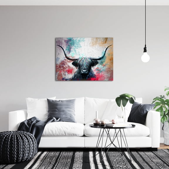 Abstract Highland Cow Canvas Wall Art Farmhouse Bull Animals Wilderness Pictures Street Pop Artwork for Living Room Bedroom Home Decor Ready to Hang 24x32inch