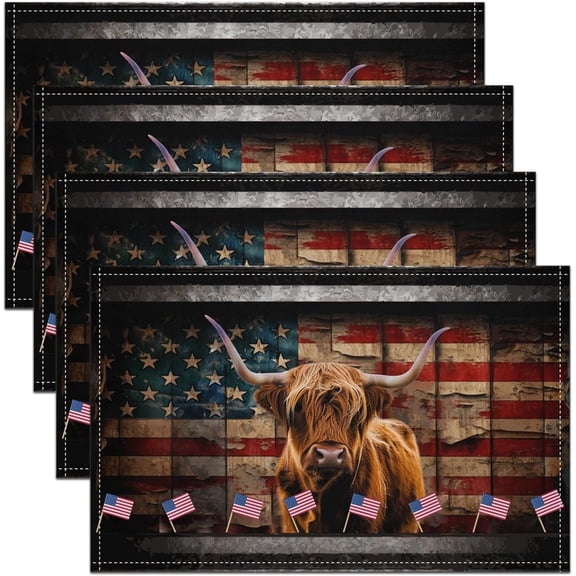 Abstract Highland Cow Placemats 12x18 Inch Set of 4 Retro American Flag Texas Star Kitchen Mats for Kids Teens Adults Brown Wild Animal Western Rustic Table Mats for Dining Table