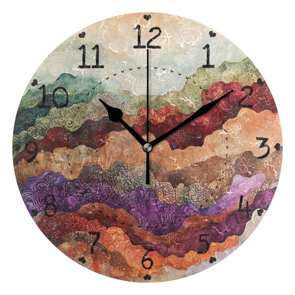 Abstract Hill Ink Painting Round Wall Clock Silent Battery Operated Home Decor for Living Room Bedroom