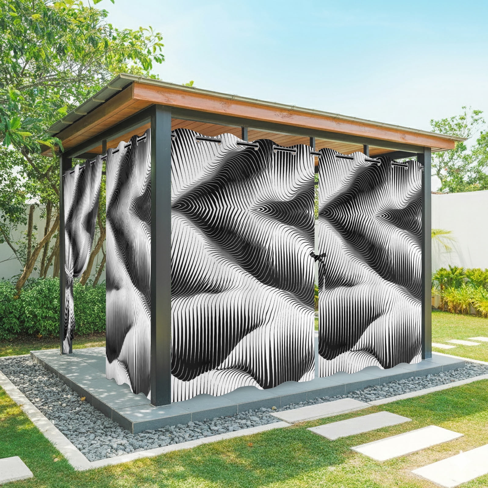 Abstract Hills Outdoor Curtains for Patio, Geometric Modern Curves Black White Sunshade Privacy Drapes Grommet Waterproof Outside Curtains for Porch/Cabana/Balcony 54"x 108", 1 Panel