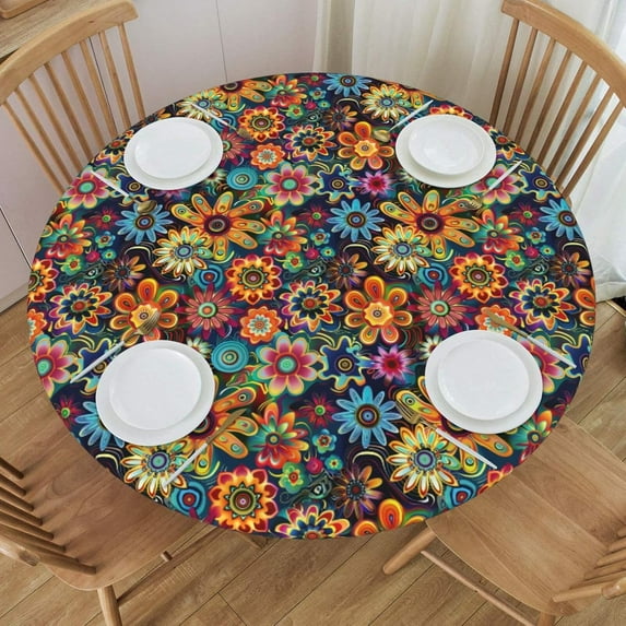Abstract Hippie Flower Round Tablecloth Farmhouse Table Cover with Elastic Edge Washable Fitted Table Cloth for Kitchen Patry Outdoor Decor Fits 40"-44", Small