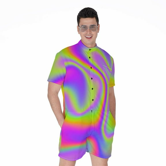 Abstract Holographic Trippy Short Sleeve Men'S Rompers Casual Summer Jumpsuits Outfit