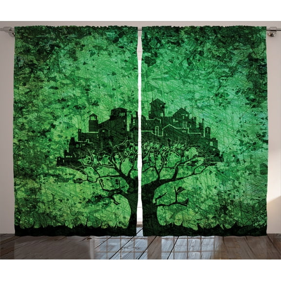 Ambesonne Green Curtains 2 Panel Set, Modern City Buildings, 108" x 90", Green