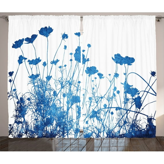 Ambesonne Blue White Curtains 2 Panel Set, Wildflowers Blooms, 108" x 90", White Blue