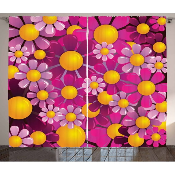 Ambesonne Summer Curtains 2 Panel Set, Flourish Flowers Cartoon, 108" x 90", Hot Pink Lilac Orange