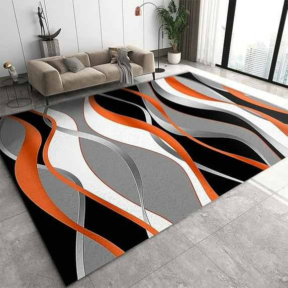 Abstract Home Decor Rug, Modern Orange Black White Grey Wavy Stripes Area Rug, Non-Shedding Washable Low Pile Mat For Living Room Bedroom Entryway Kitchen Office Apartment 1x2ft