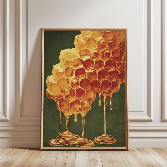Abstract Honeycomb Poster Golden Yellow Bee Nest Art Kitchen Decor, Unframed Poster