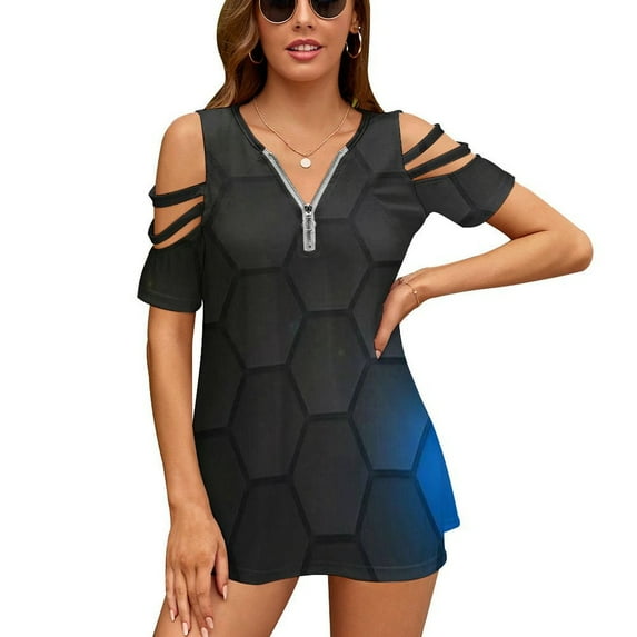Abstract Honeycomb Womens Summer V Neck Zipper Top Short Sleeve T Shirt Off Shoulder Top Casual Classy Loose Shirts