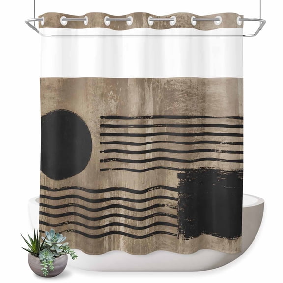 Abstract No Hook Shower Curtain Geometric Black Circle Horizontal Line Brown Textured Shower Curtain with See Through Top Window, Waterproof Washable Fabric Curtain for Bathroom Hotel Decor, 72Wx72L
