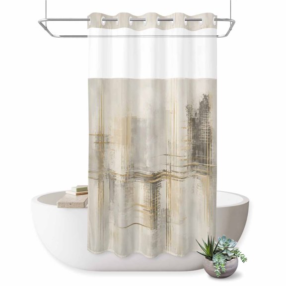 Abstract No Hook Shower Curtain Industrial Gold Black Scratches Textured Blocks Shower Curtain with See Through Top Window, Waterproof Washable Fabric Curtain for Bathroom Hotel Decor, 36Wx72L