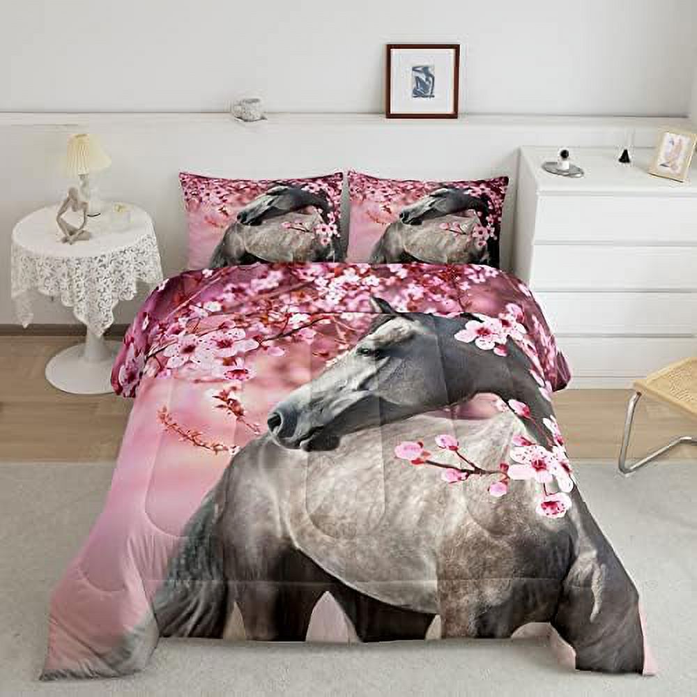 Abstract Horse Comforter Set Full Size 3 Pcs Watercolor Wild Animal Pink Peach Blossom Comforter