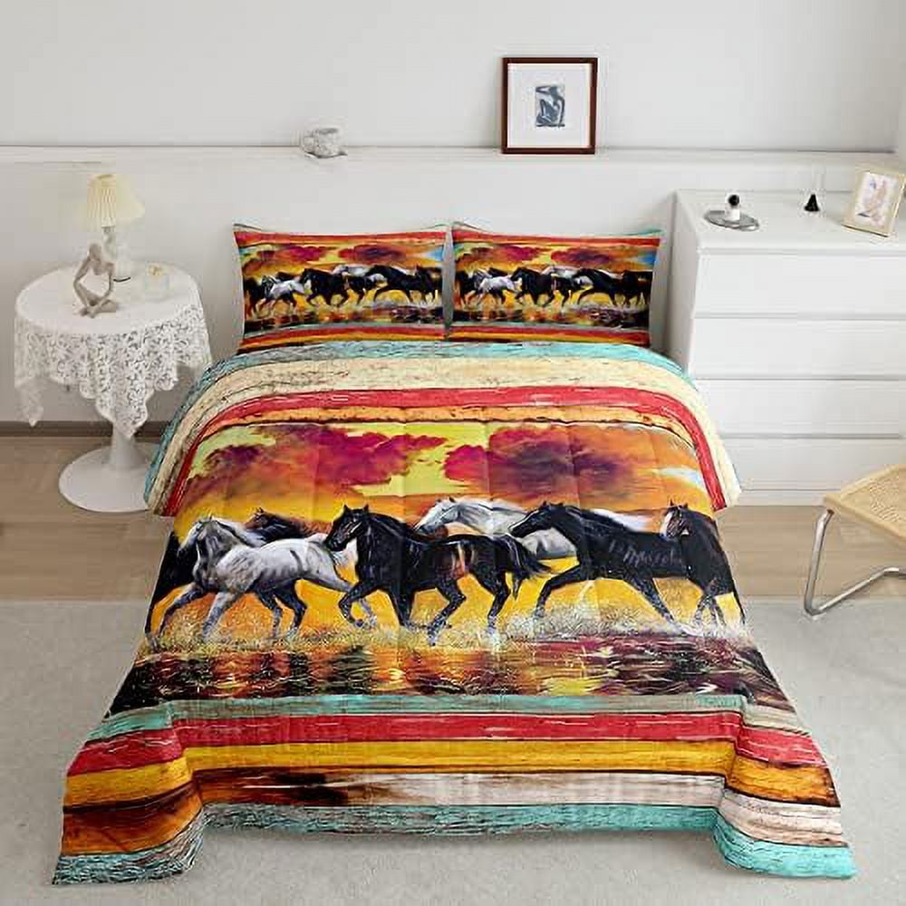 Abstract Horse Comforter Set Full Size 3 Pcs Watercolor Wild Animal Pink Peach Blossom Comforter